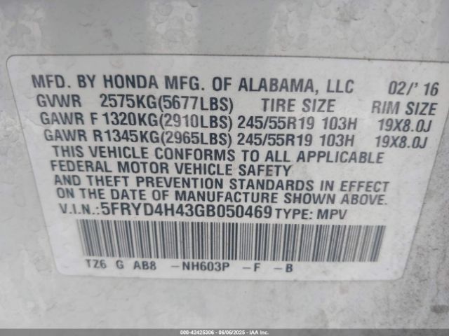 5FRYD4H43GB050469 Acura j35y5