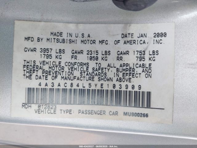 2000 MITSUBISHI ECLIPSE 4A3AC84L5YE103909 Photo 8