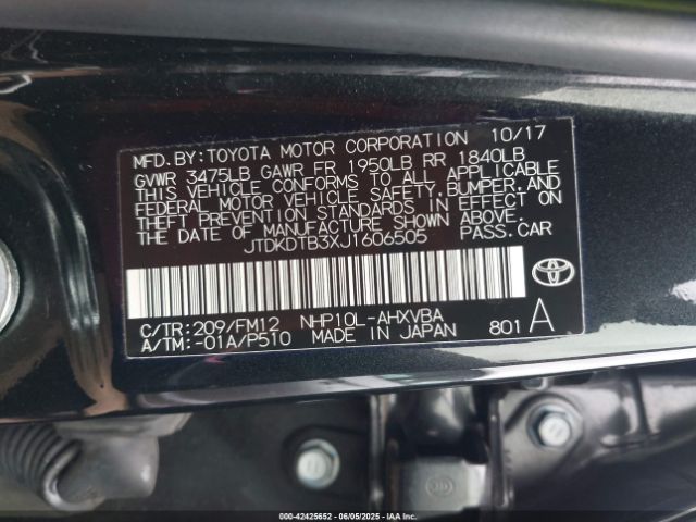 JTDKDTB3XJ1606505 Toyota Prius C Four/one/three/two