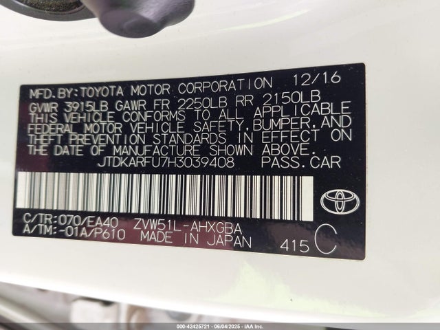 Продажа на аукционе авто 2017 Toyota Prius, vin: JTDKARFU7H3039408, номер лота: 42425721