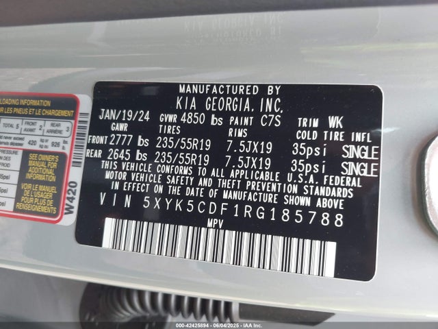 5XYK5CDF1RG185788 KIA gdi theta iii