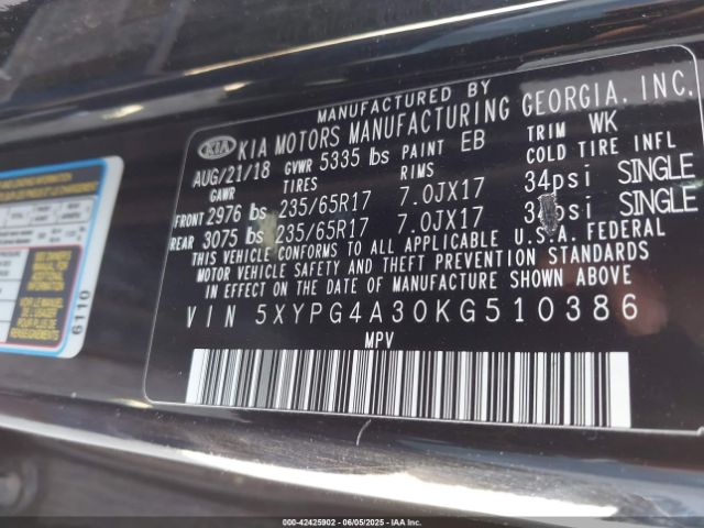 5XYPG4A30KG510386 KIA Sorento 2.4l Lx