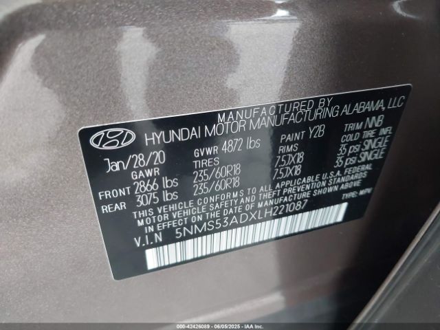 2020 HYUNDAI SANTA FE 5NMS53ADXLH221087 Photo 8
