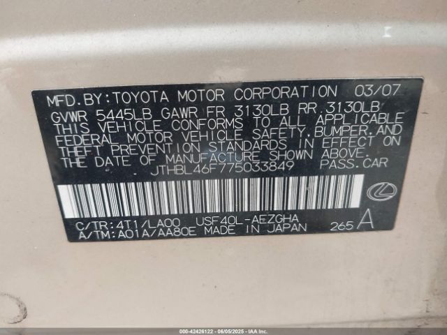 2007 LEXUS LS 460 JTHBL46F775033849 Photo 8