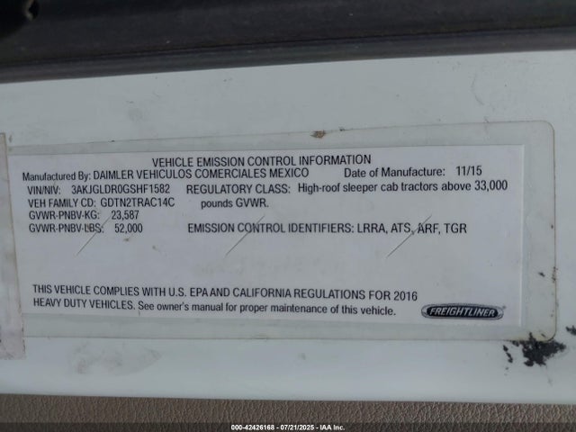Продажа на аукционе авто 2016 Freightliner Cascadia 125, vin: 3AKJGLDR0GSHF1582, номер лота: 42426168