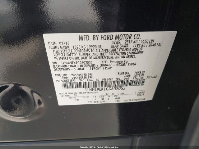 1LNHL9EK1GG602055 Lincoln 2016
