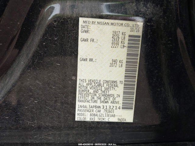 1N4AL3AP8HN313214 Nissan Altima 2.5/2.5 S/2.5 Sl/2.5 Sr/2.5 Sv