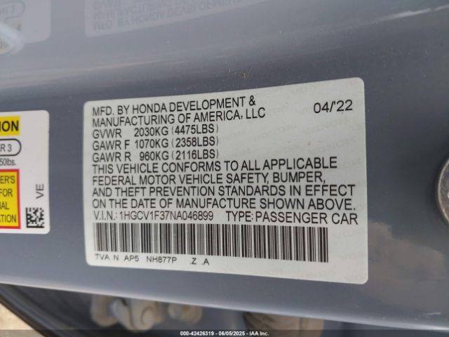 2022 HONDA ACCORD 1HGCV1F37NA046899 Photo 8