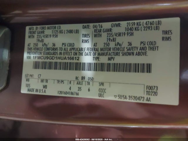 1FMCU9GD1HUA16612 Ford gtdi sigma w/premium fuel