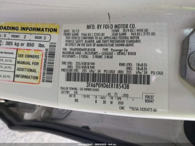 3FA6P0HD6ER185438 Ford FUSION SE