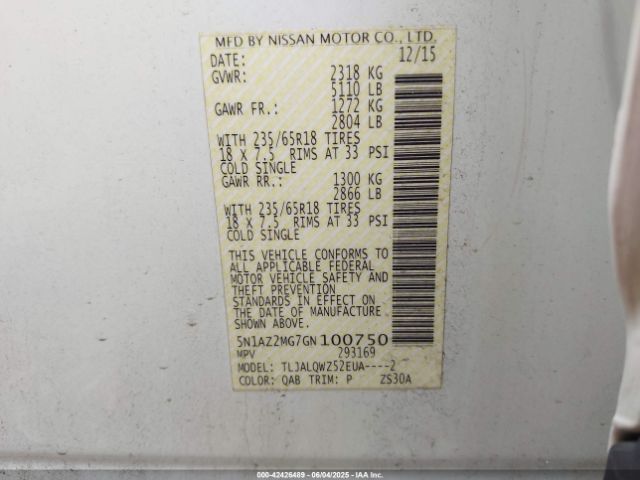 5N1AZ2MG7GN100750 Nissan Murano Platinum/s/sl/sv