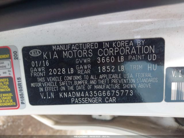 KNADM4A35G6675773 KIA RIO LX