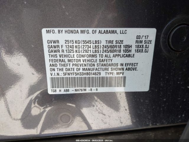 5FNYF5H33HB014629 Honda Pilot Ex