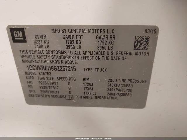 1GCVKREH9GZ257215 Chevrolet lv3 - sidi, vvt, aluminum, e85 max