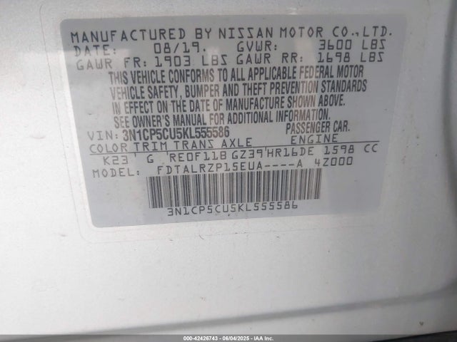 3N1CP5CU5KL555586 Nissan KICKS S