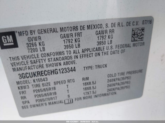 Aukcja sprzedaży 2017 Chevrolet Silverado 1500 2lt, vin: 3GCUKREC6HG123344, numer aukcji: 42426801