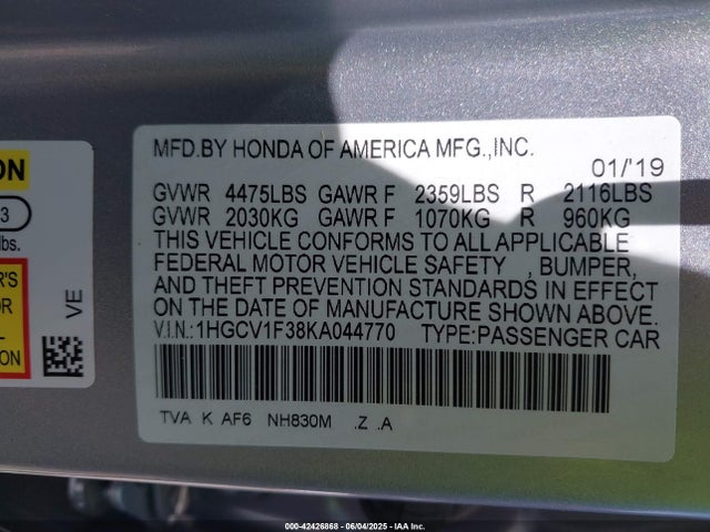 1HGCV1F38KA044770 Honda l15be