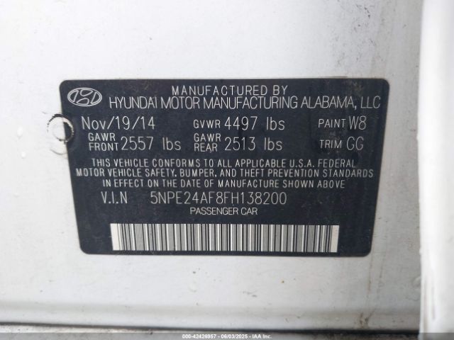 5NPE24AF8FH138200 Hyundai SONATA SE