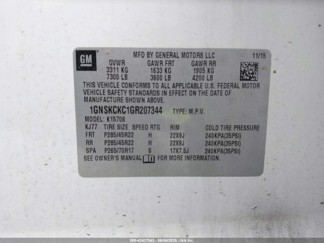 1GNSKCKC1GR207344 Chevrolet l83 - sidi, vvt, afm, e85 max, aluminum