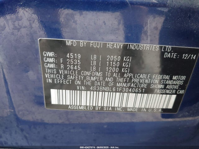 4S3BNBL61F3040651 Subaru Legacy 2.5i Limited