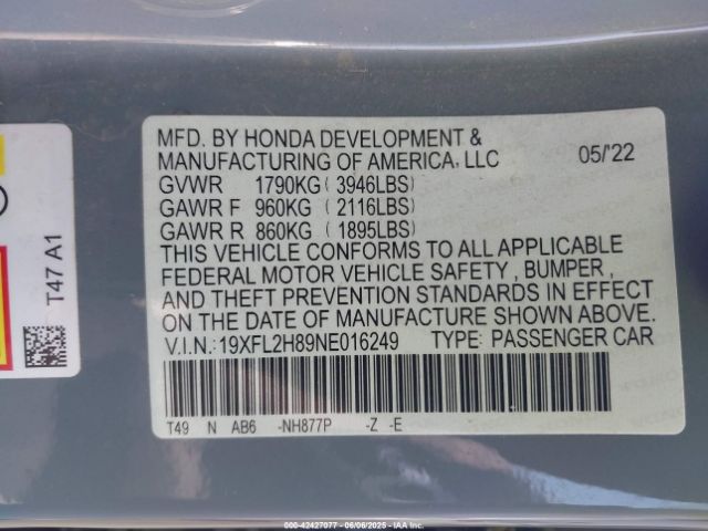 2022 HONDA CIVIC 19XFL2H89NE016249 Photo 8