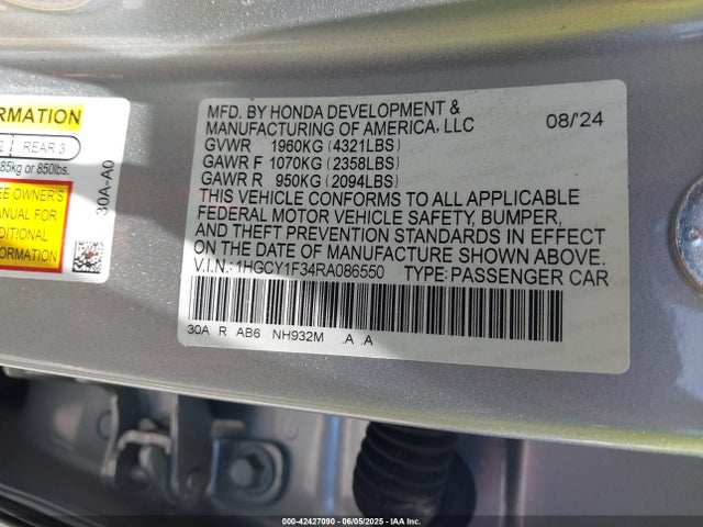 1HGCY1F34RA086550 Honda l15be