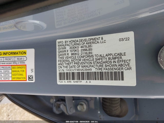 1HGCV1F46NA039449 Honda l15be