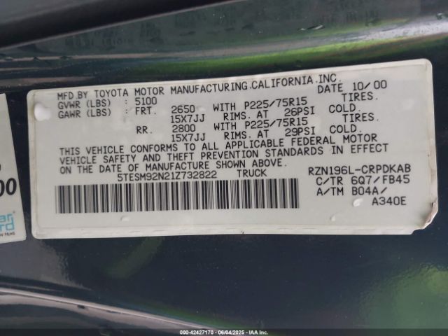 2001 TOYOTA TACOMA 5TESM92N21Z732822 Photo 8