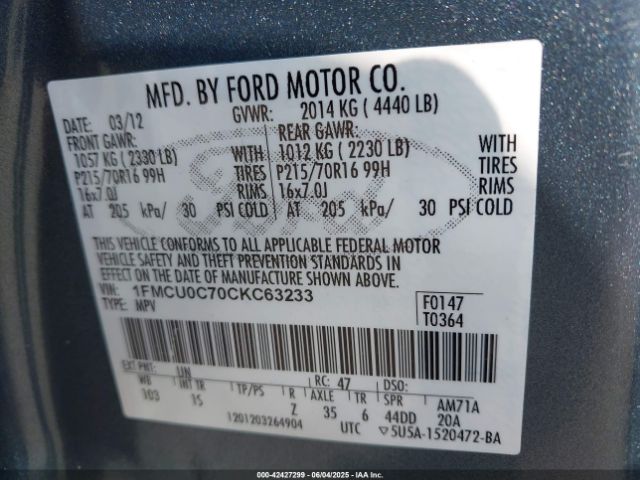 2012 FORD ESCAPE 1FMCU0C70CKC63233 Photo 8