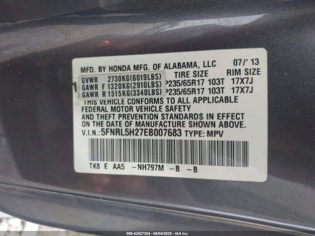 5FNRL5H27EB007683 Honda ODYSSEY LX