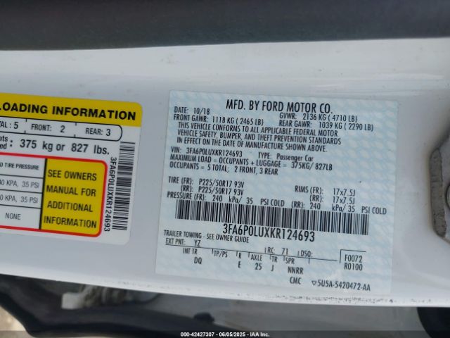 3FA6P0LUXKR124693 Ford Fusion Hybrid Se