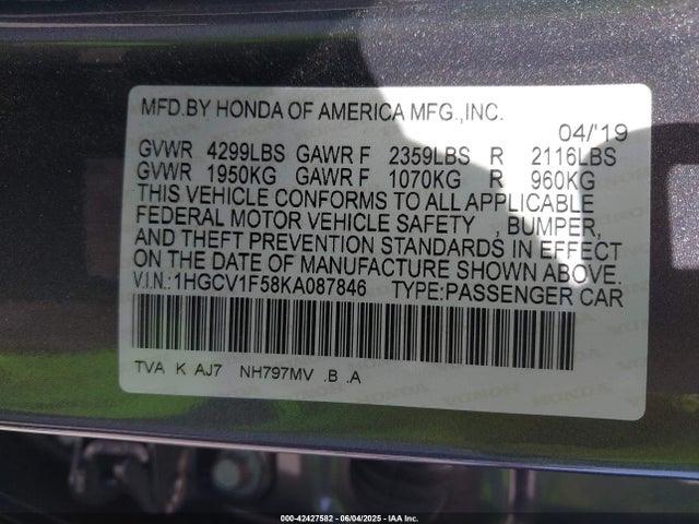 1HGCV1F58KA087846 Honda l15be