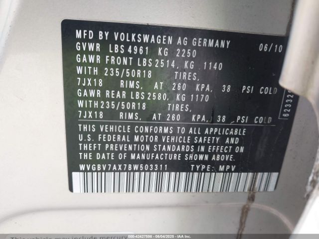 2011 VOLKSWAGEN TIGUAN WVGBV7AX7BW503311 Photo 8