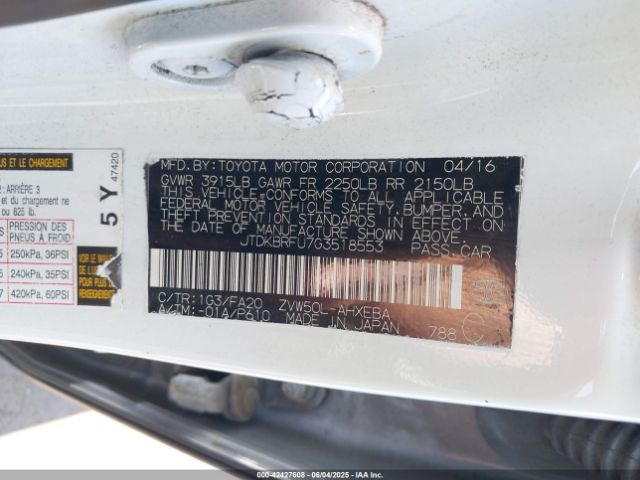 JTDKBRFU7G3518553 Toyota Prius Two