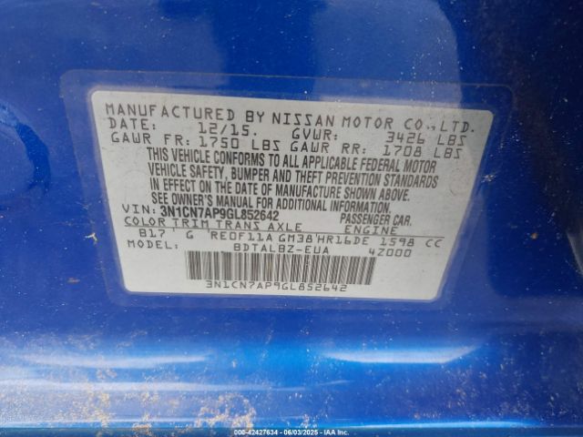 3N1CN7AP9GL852642 Nissan Versa 1.6 S/1.6 S+/1.6 Sl/1.6 Sv