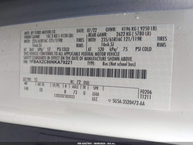 1FBAX2C86NKA79221 Ford Transit-350 Passenger Van Xlt