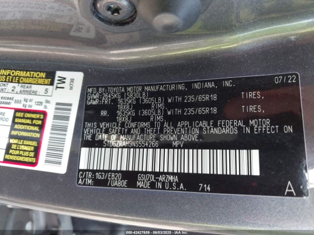5TDGZRAH9NS554266 Toyota Highlander Xle