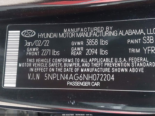 5NPLN4AG6NH072204 Hyundai mpi nu pe