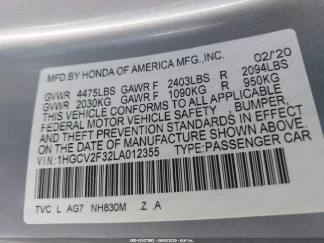 2020 HONDA ACCORD 1HGCV2F32LA012355 Photo 8