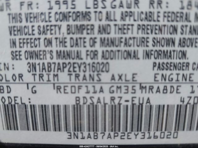 3N1AB7AP2EY316020 Nissan SENTRA SR