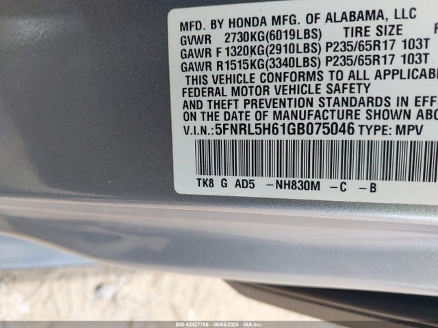 5FNRL5H61GB075046 Honda Odyssey Ex-l