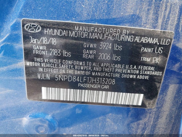 5NPD84LF1JH313208 Hyundai mpi nu