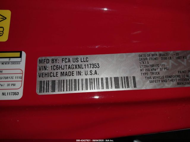 1C6HJTAGXNL117353 Jeep Gladiator