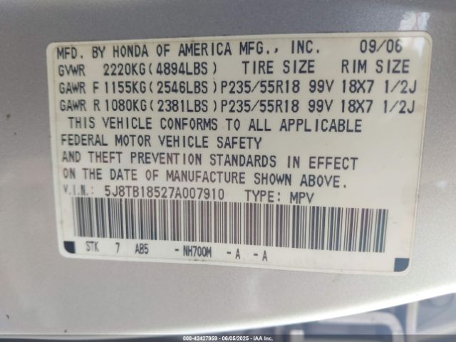 2007 ACURA RDX 5J8TB18527A007910 Photo 8