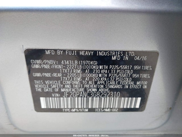 Subaru naturally aspirated 2016 JF2GPANC3G8292310 Image 9