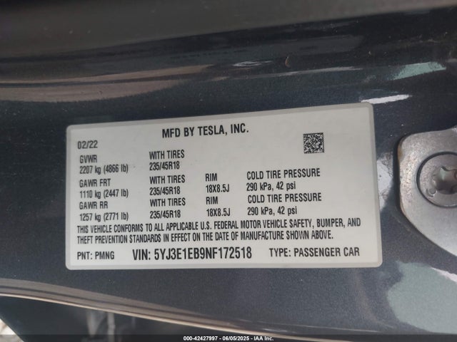 2022 TESLA MODEL 3 5YJ3E1EB9NF172518 Photo 8
