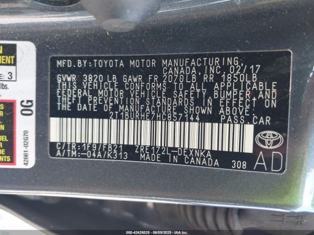 2T1BURHE7HC857144 Toyota Corolla L/le/se/se Special Edition/xle/xse