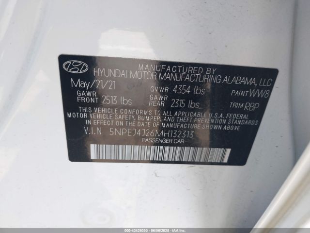 5NPEJ4J26MH132313 Hyundai Sonata Sel Plus