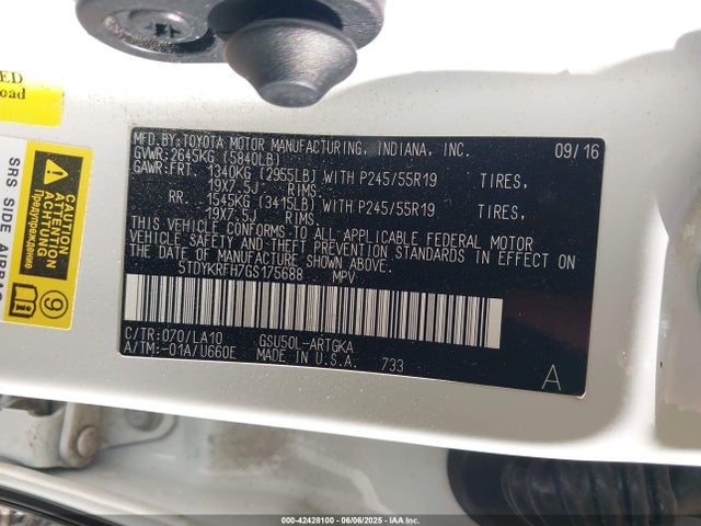 5TDYKRFH7GS175688 Toyota 2gr-fe