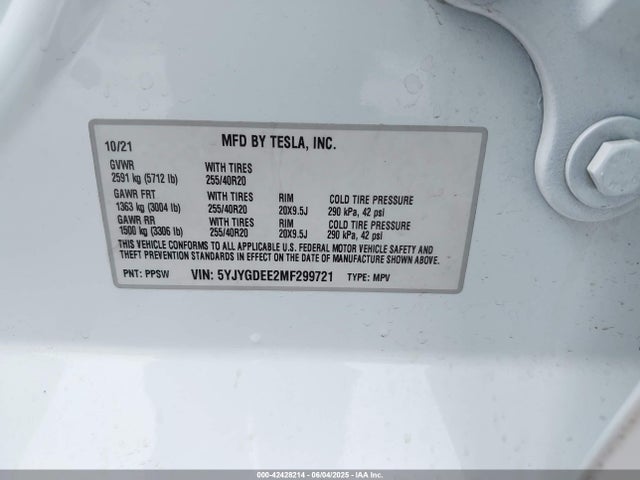2021 TESLA MODEL Y 5YJYGDEE2MF299721 Photo 8